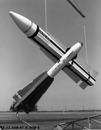 The AIM-47 Super Falcon (behind) and its derivitive - the AIM-4 Falcon. The AIM-47 was designed to use a 250 kiloton nuclear warhead.