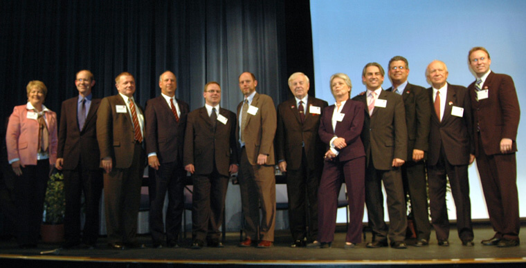 Group of panelists, plus a couple of others.  Second from left is David Eisenhower, second from right is Sergei Khrushchev, third from right, Francis Gary Powers, Jr., fifth from right is  Julia Vasarthelyl, a panelist, and survivor of the 1956 Hungarian uprising, sixth from right is Dr. Toth.